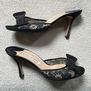 Manolo Blahnik Open-Toe Heels, Black Lace and Bows, 8.5